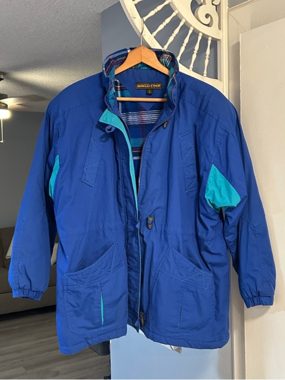 Vintage River Edge Men’s Blue With Teal Full Zipper Toggle Front Coat Size XL